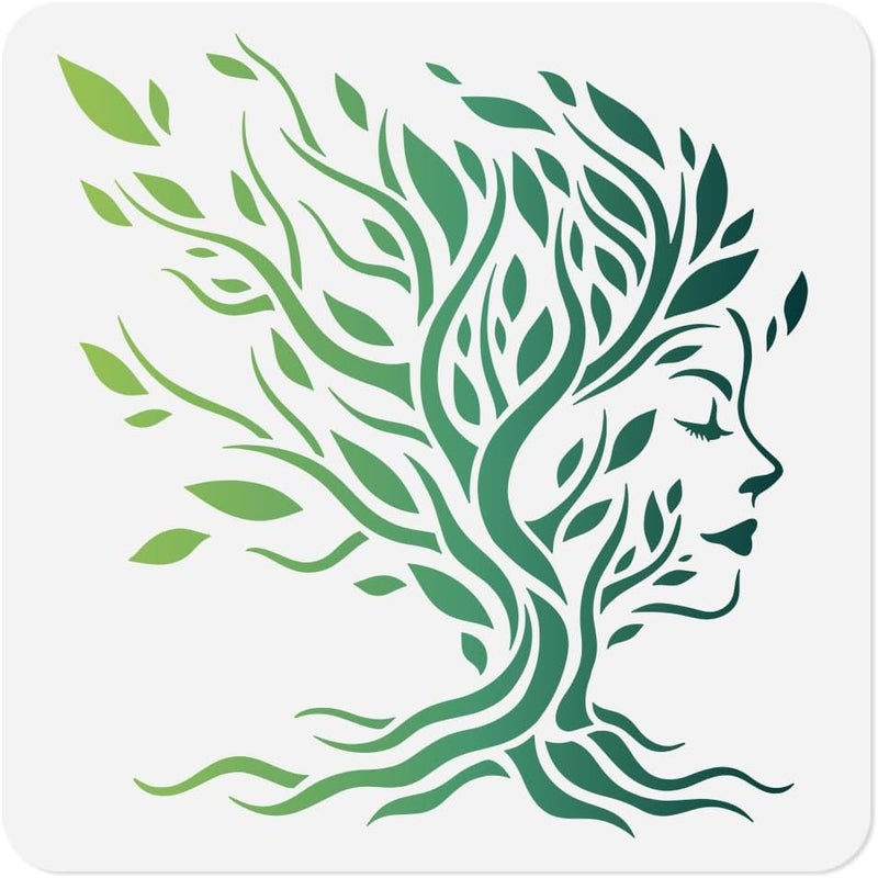 DOODLREAM Tree Woman Face Stencil for Painting, 11.8"x11.8" Plastic Tree of Life Stencil Drawing Templates, Woman Leaves DIY Craft Paint Template for Wall Home Decor Wood Burning Card Journal Paper - Image 1